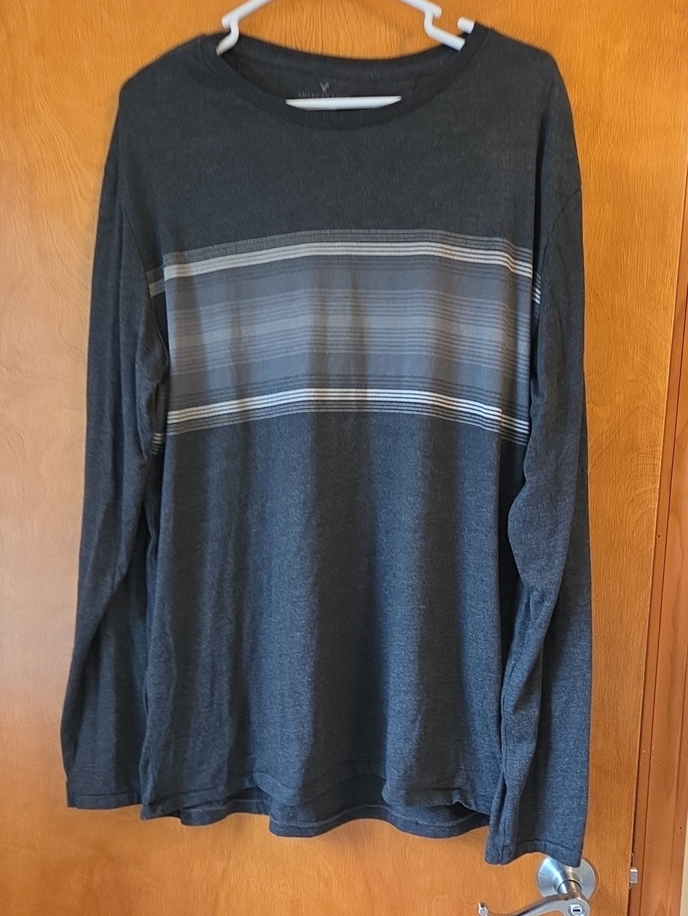American Eagle Outfitters Dark Gray Long-Sleeve Crewneck with Chest Stripe